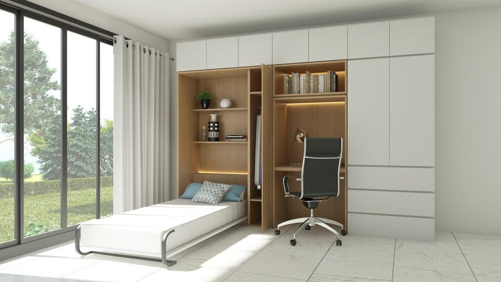 A murphy bed or wall bed that comes with a side cabinet to store pillows. Match with a study desk, wardrobe and top cabinets to ceiling for more storage spaces. 