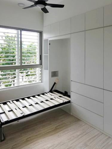 Super-single Murphy bed furniture set with wardrobe in white laminate finishing.