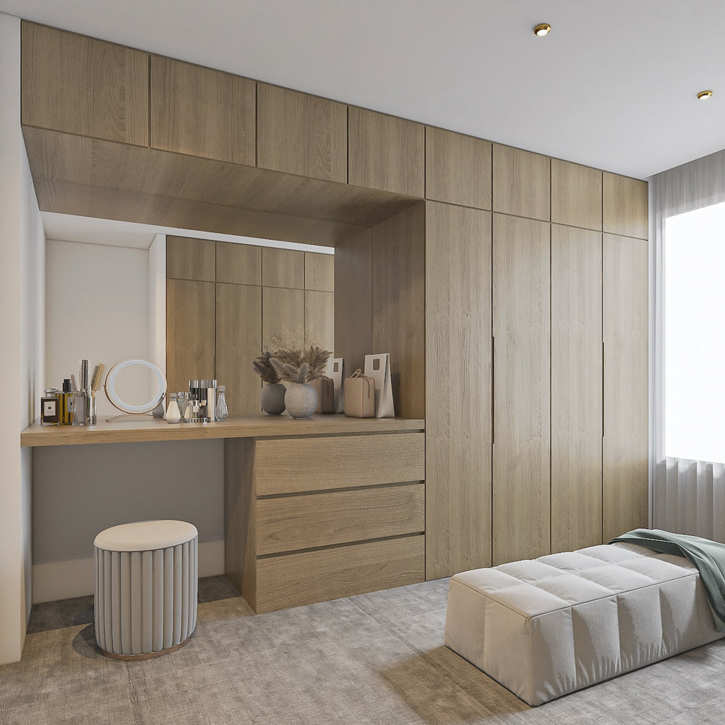 A luxury style of walk-in wardrobe and a dressing table with mirror.