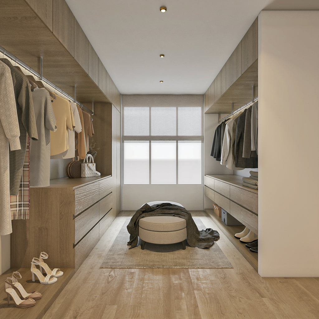 Open concept walk in wardrobe with drawers and clothes hanging rod in a dressing room. 